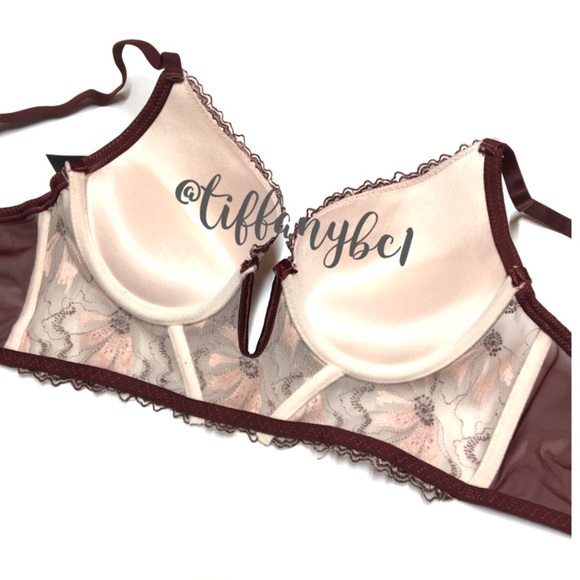 Cream & Maroon Long Line Floral Lace Push Up Bra - Picture 6 of 7